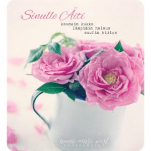 Äitienpäiväkortti, jossa vaaleanpunaisia ruusuja.